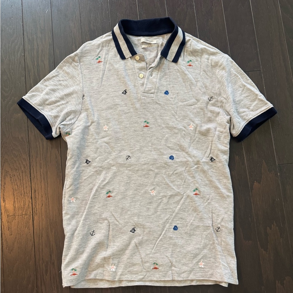 Mango Men's Gray Polo Shirt with Embroidered Accents S